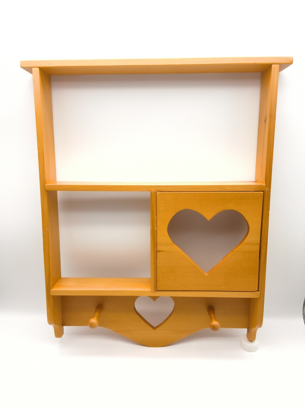 Unique Wood Wall Shelf w/ Popp Out Heart Panel, Peg Hooks -Country Cubby Cabinet